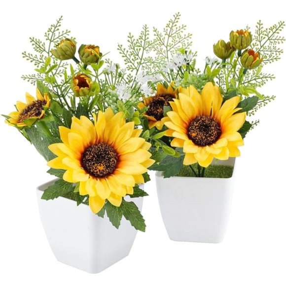 Artificial Sunflower Potted Plants Silk Yellow Fake Flower, 2pcs Sunflower - Picture 1 of 6